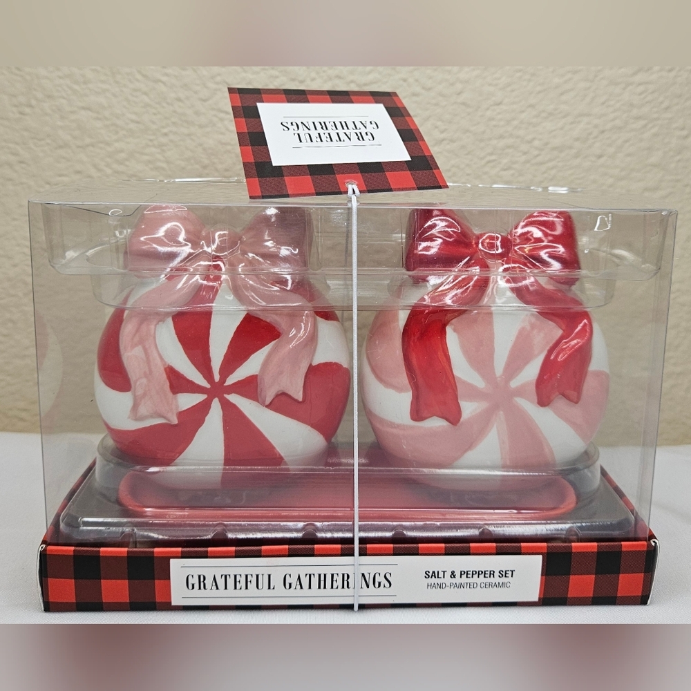 Festive Peppermint Candy Salt and Pepper Shakers Set NIB